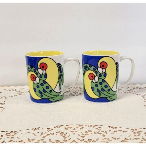 Vintage Fitz and Floyd Variations Tropical Parrot Coffee Mugs 4 pc Set 1979 - Picture 2 of 7